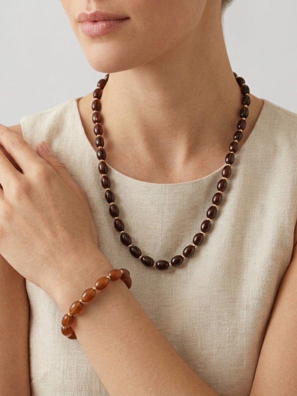 Vintage Brown Beaded Necklace and Bracelet Set!